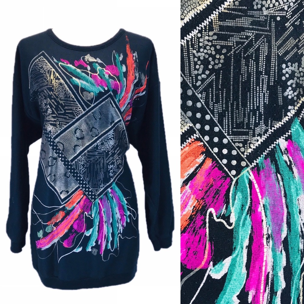 VINTAGE 1980s Abstract Graphic Crewneck Sweater